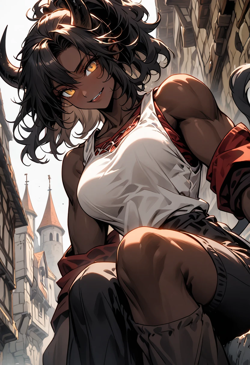 solo, female, close up, warm deep brown skin, muscular, golden eyes, wild hair, black hair, medium hair, ponytail, curly hair, broad shoulders, curved black horns, very tall, large breasts, simple tight medieval shirt, tight-fitting shorts, medieval, town, cow tail:1.4, leg below the knee is furry, minotaur girl, tomboy, cocky smile, young