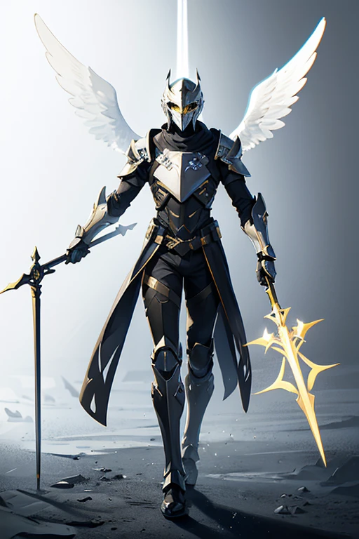 angel exoskeleton armor helmet with cross symbol templars gold color with a spear in hand full body facing the viewer white background