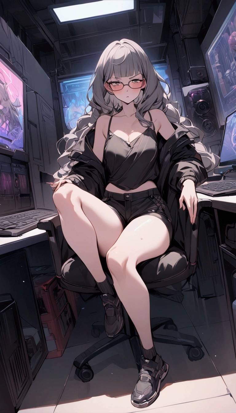 Dynamic composition,dutch angle,full body,Focus on legs,{{masterpiece}}, {{{Highest quality}}},{{Very detailed}},cyberpunk,1girl,30years old,{Mature Woman}},otaku obsessed with fighting geeks,,{{Sit on a chair and take a rest}},{{raise one leg}},long-sleeved blouse,Shorts,Short socks,glasses,clavicle,,{{v-shaped eyebrows}},Bad mood,blush,Sweat,raise one's eyebrows　,{{View your viewers}}、gray long hair,Blunt bangs ,indoor、Computer Room