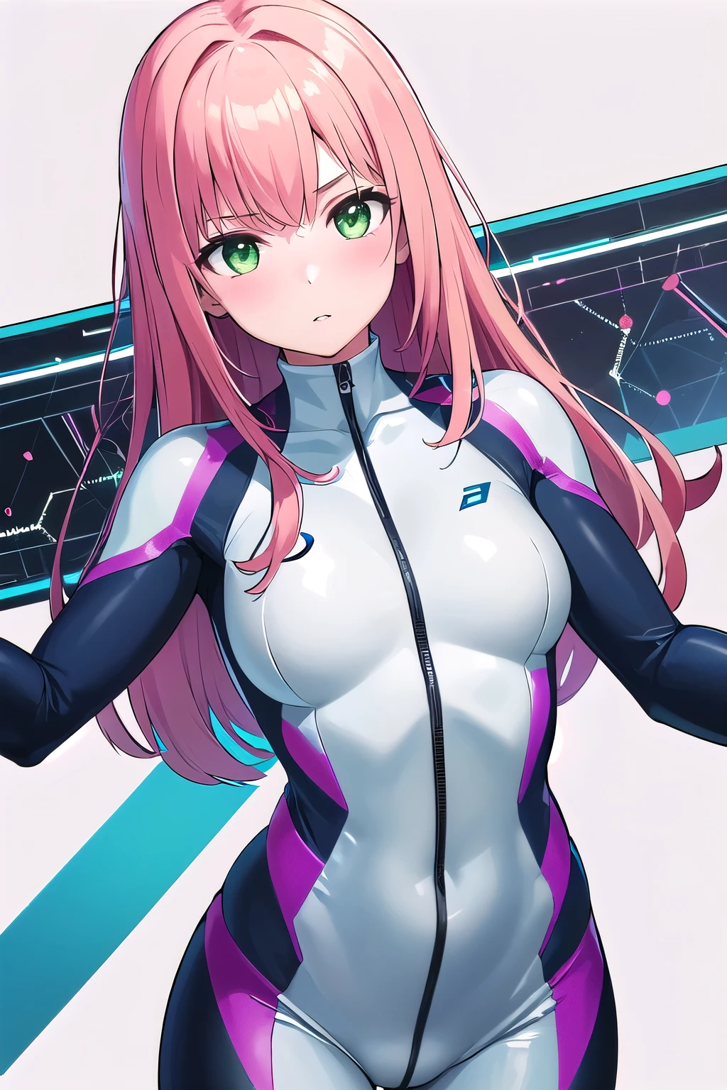 1girl,Samus aran,solo,green eyes, pink hair, forehead hair, white zero suit,white body suit,purple stripes,cowboy shot,blush,,Science fiction,ultra-detailed,sharp focus,aesthetic,(best quality), white background,