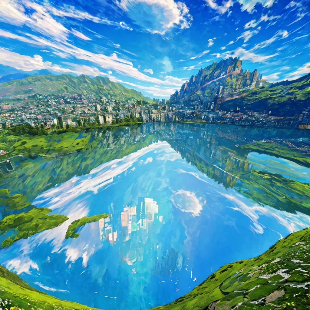 Turquoise sky、Lots of clouds、Angle from above、Grassland seen through the clouds、At the bottom there is a lake、Sky reflected in the lake、Highest quality, Ultra high definition, High detail, masterpiece, Panorama, 