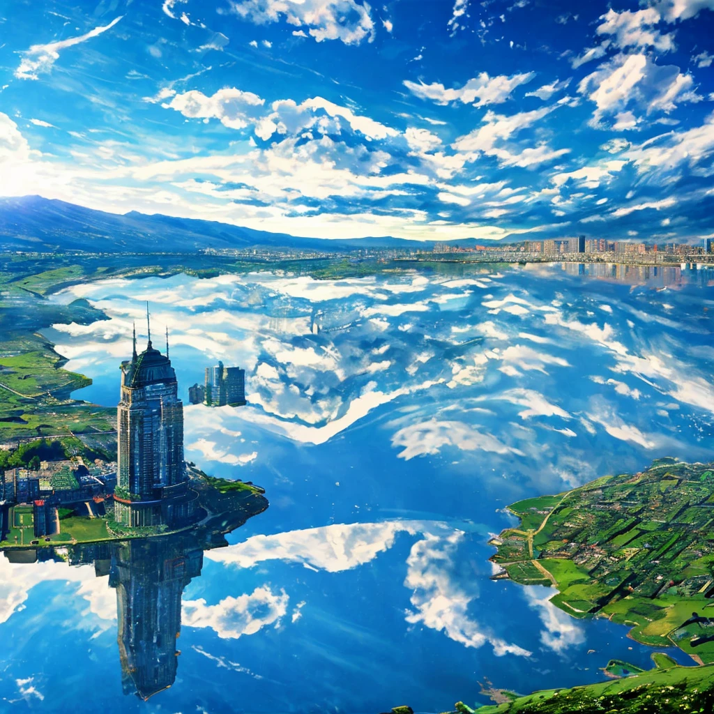 Turquoise sky、Lots of clouds、Angle from above、Grassland seen through the clouds、At the bottom there is a lake、Sky reflected in the lake、Highest quality, Ultra high definition, High detail, masterpiece, Panorama,