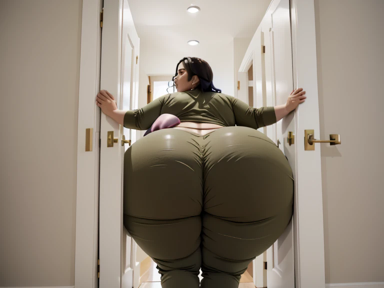 masterpiece, 1 Mexican girl behind a doorway, from behind, (doorstuck, stuckback:1.3), ssbbw ,huge wide hips, round belly, thick thighs, giant butt,colorful clothing, wearing a olive green pirate costume with pants, upset, desperately trying to wiggle through, she tries to free herself but she won't budge, she is stuck tight view from above, she is too wide, the doorway is quite narrow too, she kicks her legs furiously, trying to wiggle her hips through the small door, but its no good, the door is too small, she keeps trying to squeeze through with frustration, she is stuck too tight