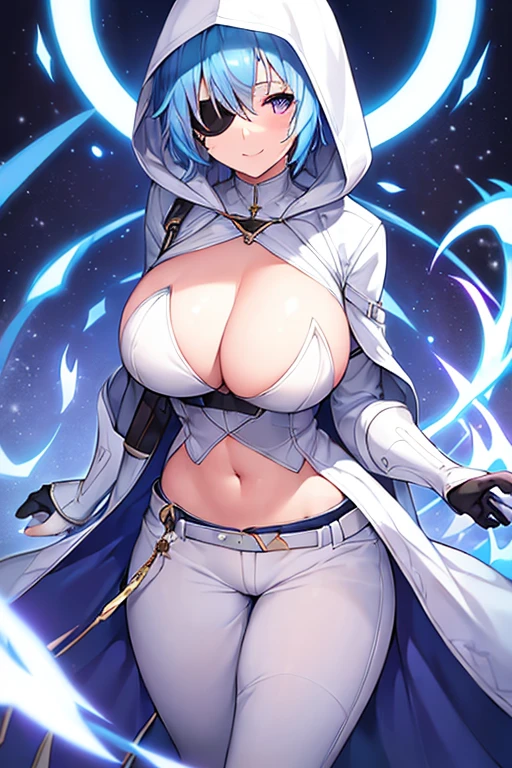 1girl, large breasts, light blue hair, purple eyes, one eye covered, eyepatch, ((eyepatch)), short hair, smile, light smile, cloak, white cloak, white hood, belt, white pants, white clothes, hood up, pants, ((pants)), hourglass figure,mature female