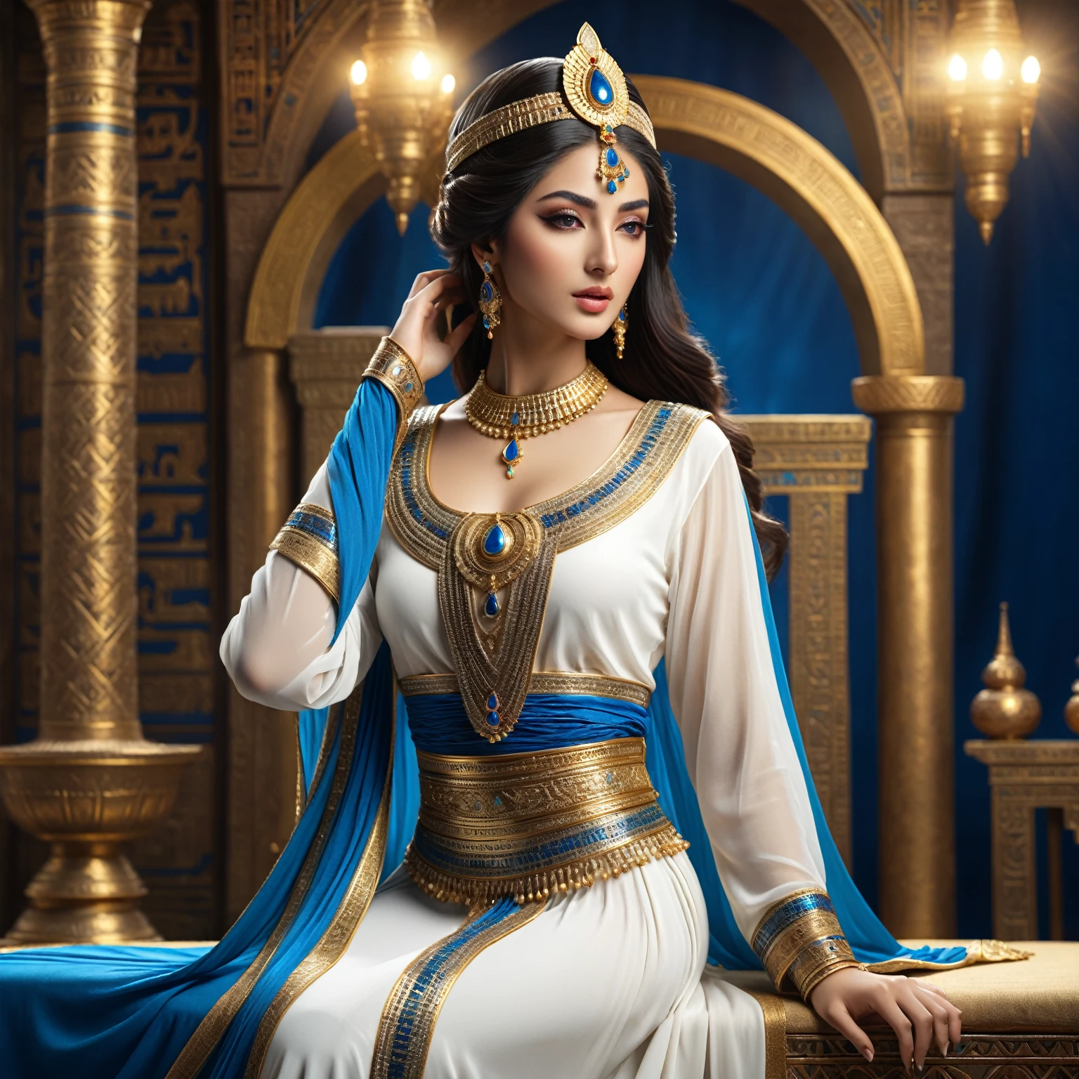 Arafed woman in white dress with gold and blue dress, fair empress fantasy, ((fair empress fantasy)), beautiful oriental woman, ancient white dress, beautiful goddess, ancient Chinese princess, Egyptian Princess, Chinese princess, Arabian princess, princess of an ancient Asian dynasty, Kazakh Empress, Beautiful render of the Tang Dynasty, White royal dress, Persian princess, gorgeous woman