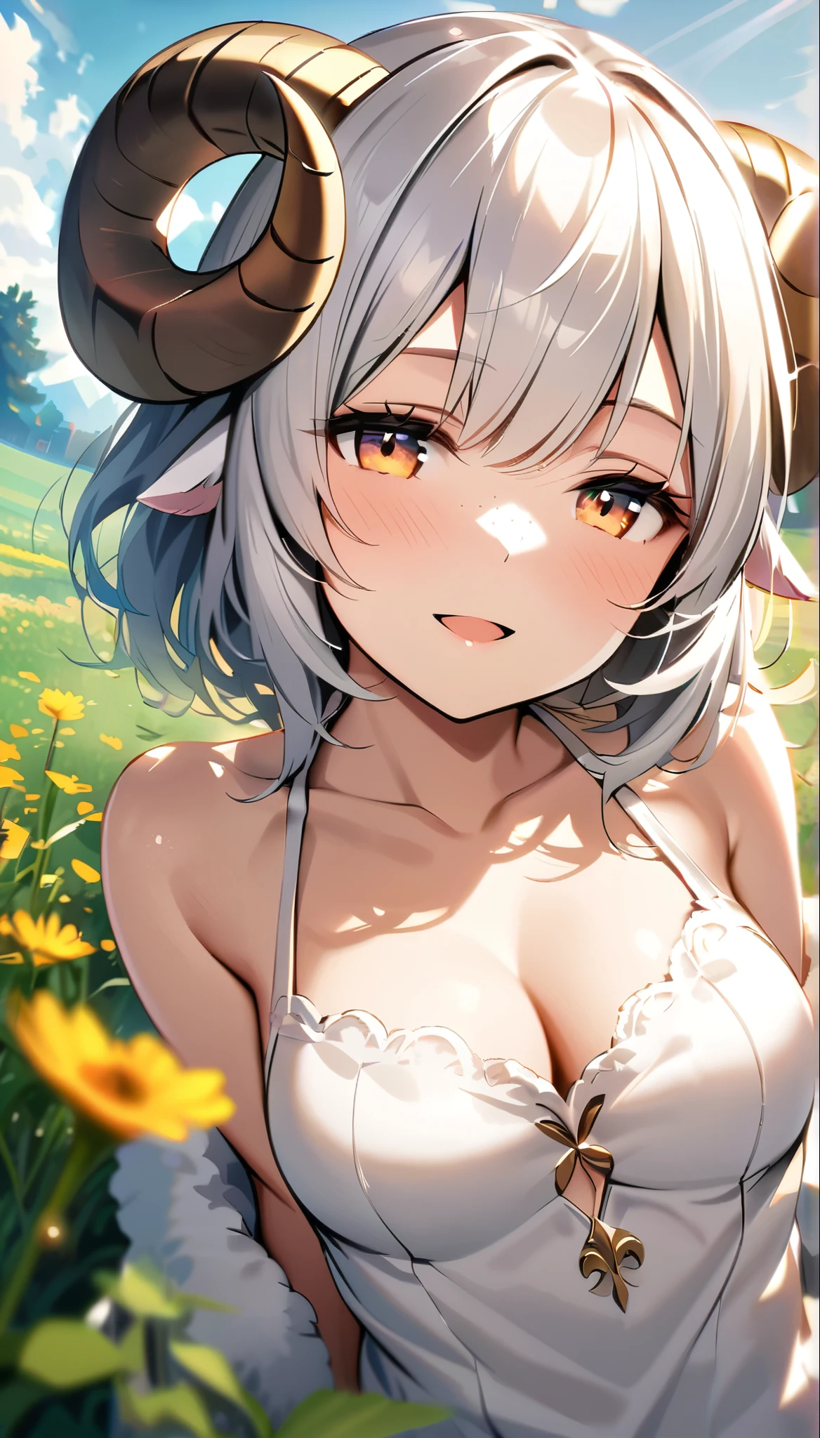 HDR,Dutch angle,all body,1 girl,cherubic sheep girl,white hair,medium breasts,curved sheep horns,soft fluffy white clothes,cleavage,bare shoulders,delicate freckles,detailed eyes,(expressionless),smile,half-closed eyes,open mouth, BREAK sitting on meadow,she gazes off into the distance,the sun's warm rays,In the heart of a tranquil meadow,breeze