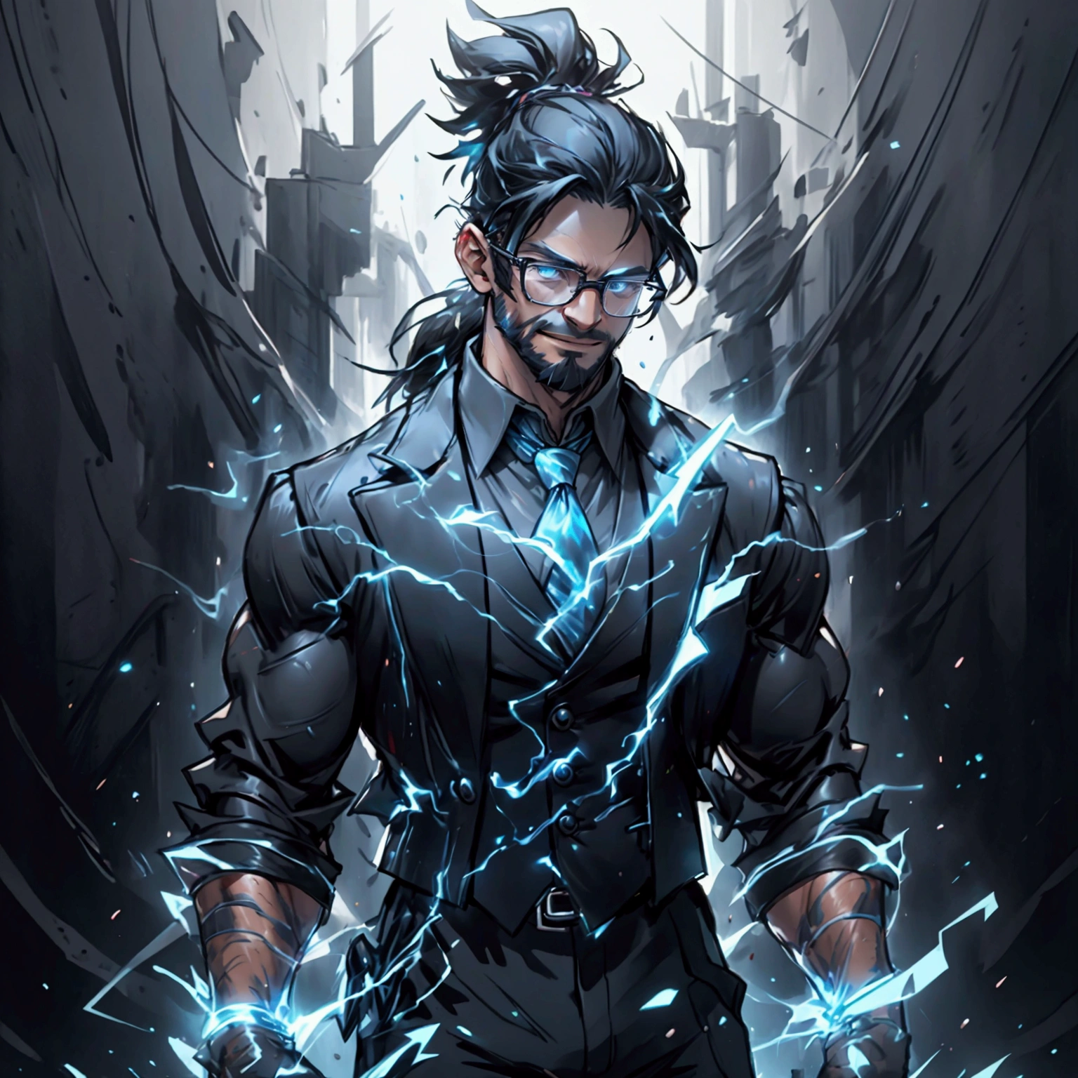 a muscular man with a ponytail, glasses, black hair, light scruffy beard, wearing a business vest and black dress pants, solo, alone, glowing electrical powers, (SOLO)(ALONE), best quality, 8k, highres, masterpiece, ultra-detailed, realistic, photorealistic, photo-realistic, HDR, UHD, studio lighting, ultra-fine painting, sharp focus, physically-based rendering, extreme detail description, professional, vivid colors, bokeh, has blue eyes, blue electric powers, wearing white dress shirt and black vest, fighting pose, grinning, lightning