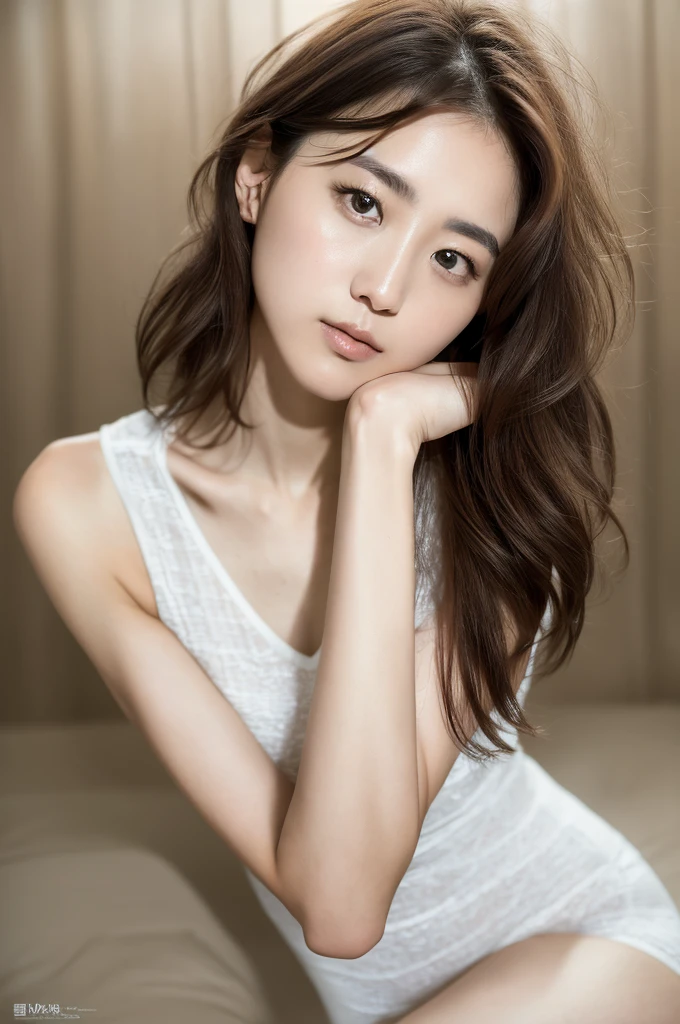 You are a professional photographer。((Highest quality, 8k, masterpiece)), concentrated, Perfect Body Beauty, Hip, Layered Haircut, Highly detailed face and skin texture, Delicate eyes, double eyelid, White skin, Long brown hair、slim、thin、Model body type、turn over、Showing panties、Jado Moon