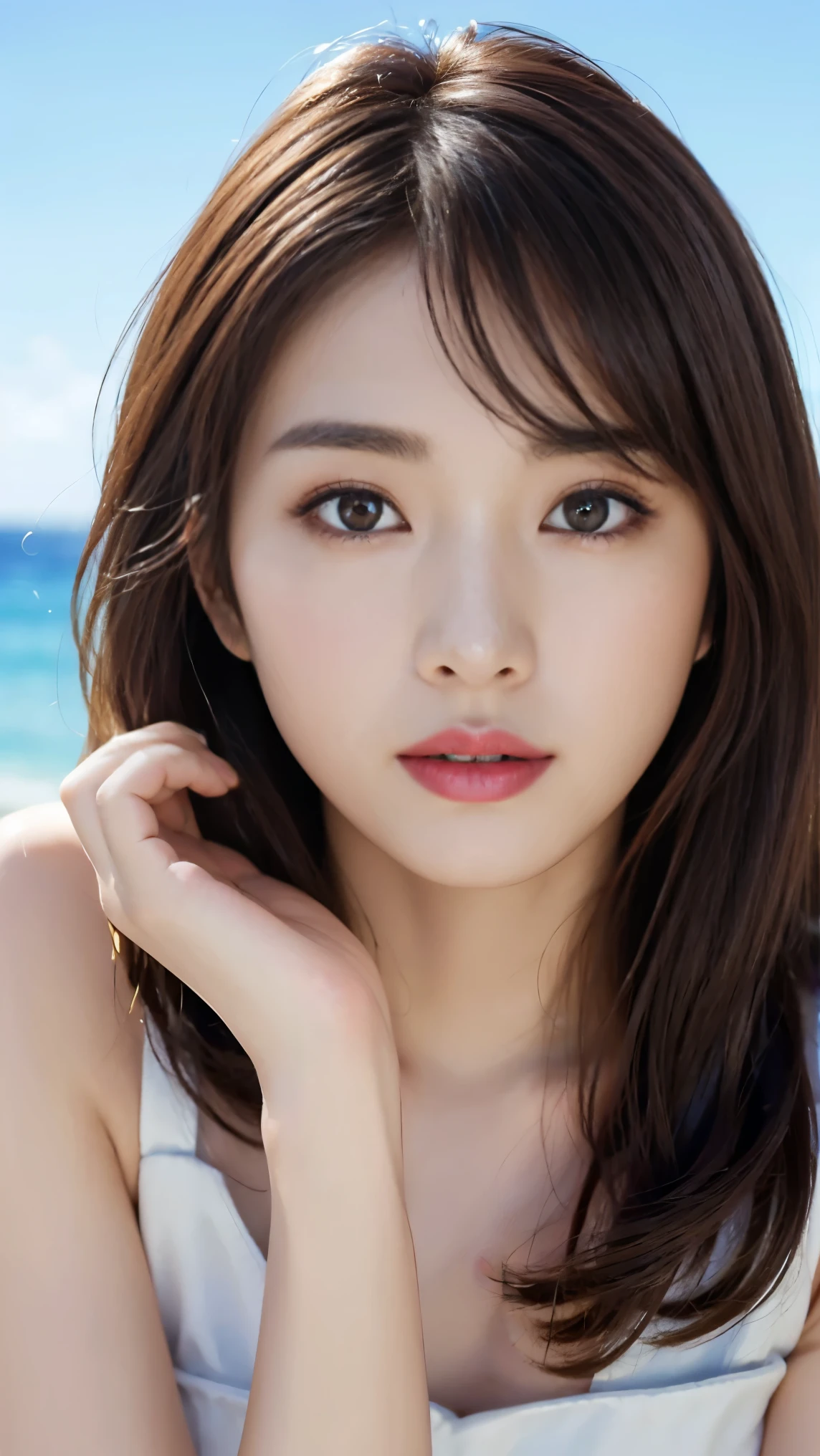 ((Highest quality)),((8K)),(Genuine)、(detailed)、(Beach)、(Bust up shot)、(Big Breasts)、Golden ratio of face to shoulder width、繊細でdetailedな鮮やかな美しい色の衣裳:1.4、Micro Bikini、Halter Neck Bikini、Shiny berry short cut、Glowing Skin、Japanese、beauty、Looking into the camera、Duck mouth、cute、Hehehe:1.2、Shot with a film camera、RAW shooting、#24、Genuine、フォトGenuine:1.4、Photon Mapping、Physically Based Rendering、Perfect Anatomy、detailedなデコルテ、detailedな目、detailedな二重、detailedな咬筋、detailedな鎖骨、Perfect Fingers、Finger Description、(品質 8K)、((White skin))、Avoid mascara、Hair with movement、detailedな毛穴、Natural light、detailedな描写、Blushing、Fine pores、Perfect cleavage、masterpiece、Blushing、Hair with movement、detailedな腹筋、Sparkling、Cowboy Pose、sexy、detailedな脇の下、(Big Breasts)、face closeup 、(Upper Body)、detailedな目元、