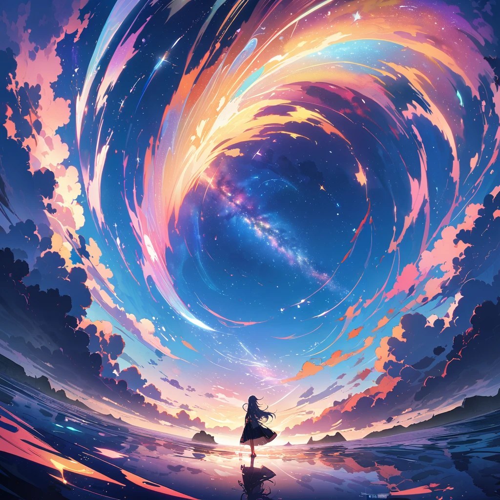 Official Art, Unified 8k wallpaper, Very detailed, masterpiece, Best image quality,Ultra Wide Angle,The water is like a mirror,Reflecting the sky。Looking up at the sky,The Milky Way is in the sky,Dynamic Angle, Grace, Bright colors,Winner of numerous awards, Ultra high definition, Clouds on the screen、