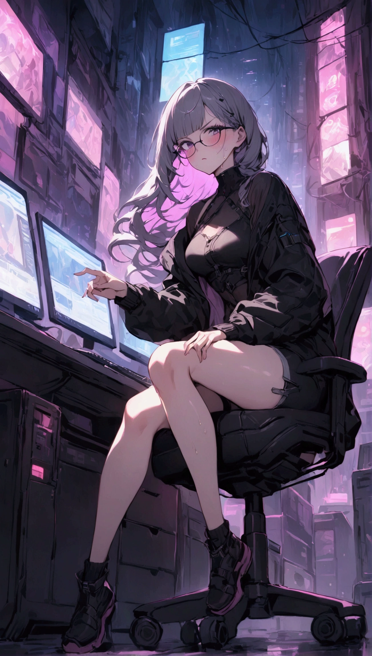 Dynamic composition,dutch angle,full body,Focus on legs,{{masterpiece}}, {{{Highest quality}}},{{Very detailed}},cyberpunk,1girl,30years old,{Mature Woman}},otaku obsessed with fighting geeks,,{{Sit on a chair and take a rest}},{{raise one leg}},long-sleeved blouse,Shorts,Short socks,glasses,clavicle,,{{v-shaped eyebrows}},Bad mood,blush,Sweat,raise one's eyebrows ,{{View your viewers}}、gray long hair,Blunt bangs ,indoor、Computer Room