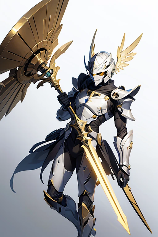 angel exoskeleton armor helmet with cross symbol templars gold color with a spear in hand full body facing the viewer white background