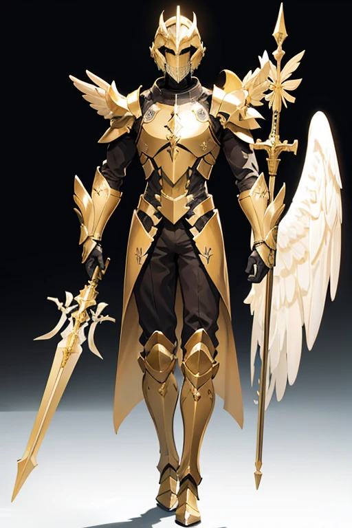 angel exoskeleton armor helmet with cross symbol templars gold color with a spear in hand full body facing the viewer white background