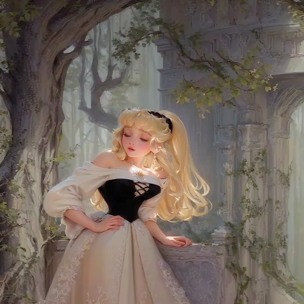 ((best quality)), ((masterpiece)), (detailed), 1girl, off-shoulder sweater, Princess Aurora in Sleeping Beauty, natural and realistic, movie style, natural lights,