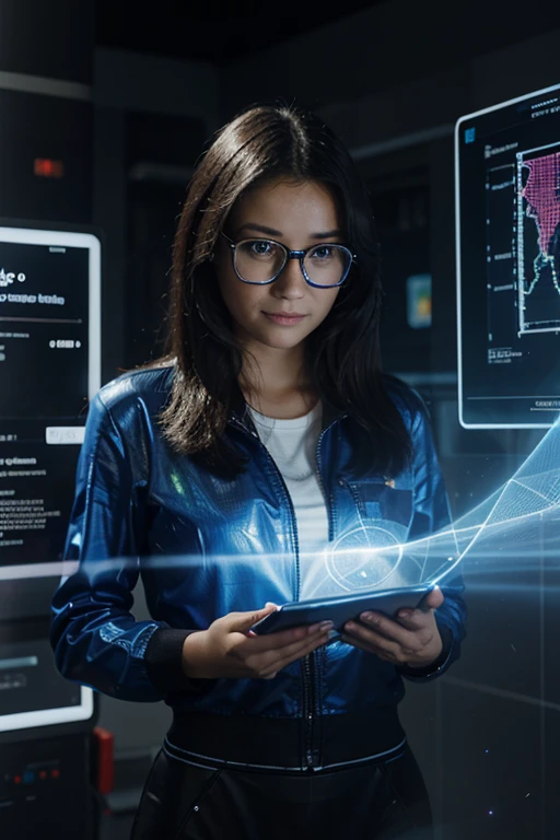 a person studying virtually who is super happy and shows an interesting background like with statistics or something hologram type