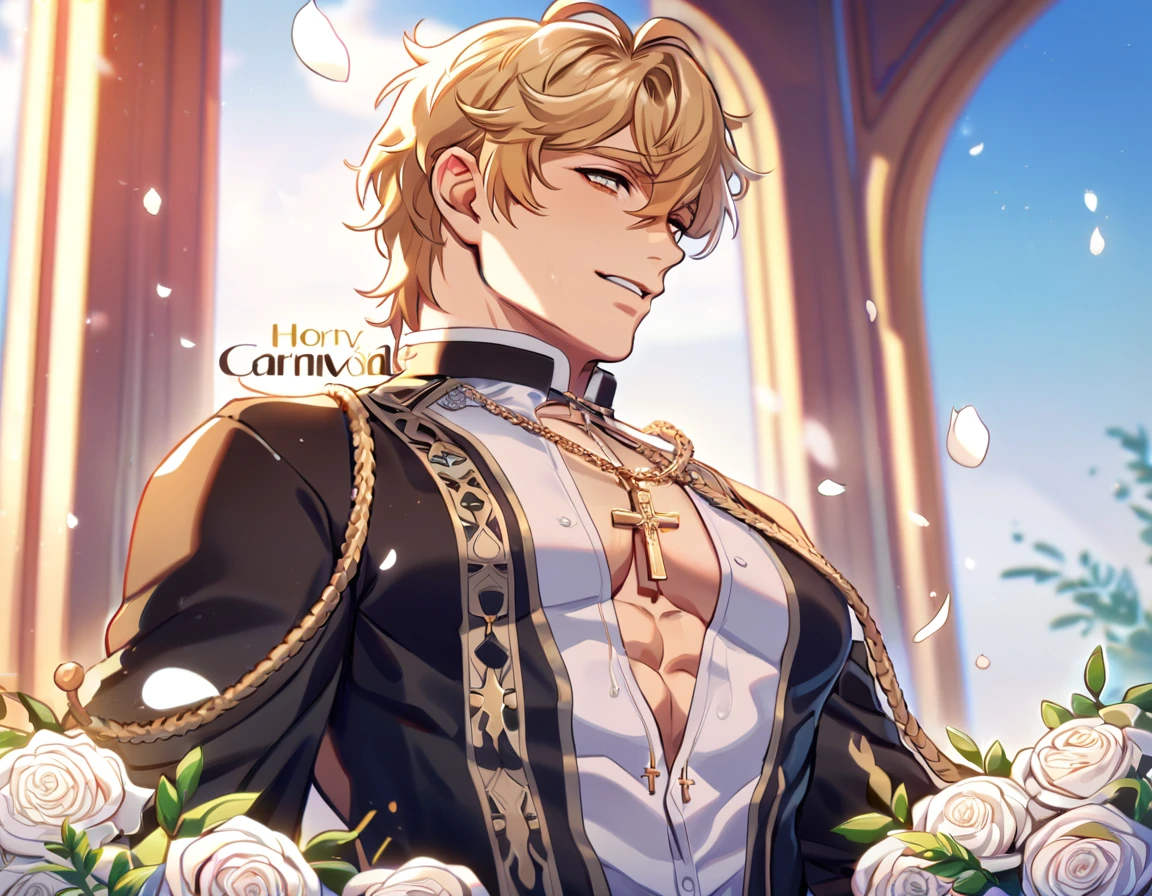 absurdres, highres, ultra detailed, HDR, master piece, best quality, Quincy, blonde hair, expressive amber eyes, Nu Carnival, solo, sexy man, handsome, horny, lewd, black priest robes, accessories, showing the chest, cross necklace, priest, white gloves, fantasy, magical, white roses, white petals, blue sky, altar
