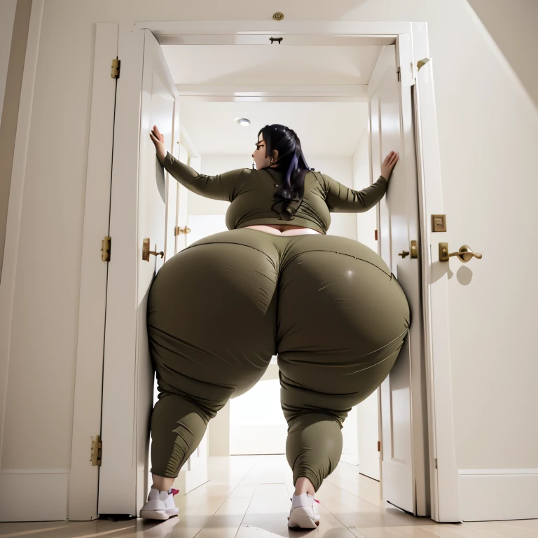 masterpiece, 1 Mexican girl behind a doorway, from behind, (doorstuck, stuckback:1.3), ssbbw ,huge wide hips, round belly, thick thighs, giant butt,colorful clothing, wearing a olive green pirate costume with pants, upset, desperately trying to wiggle through, she tries to free herself but she won't budge, she is stuck tight view from above, she is too wide, the doorway is quite narrow too, she kicks her legs furiously, trying to wiggle her hips through the small door, but its no good, the door is too small, she keeps trying to squeeze through with frustration, she is stuck too tight