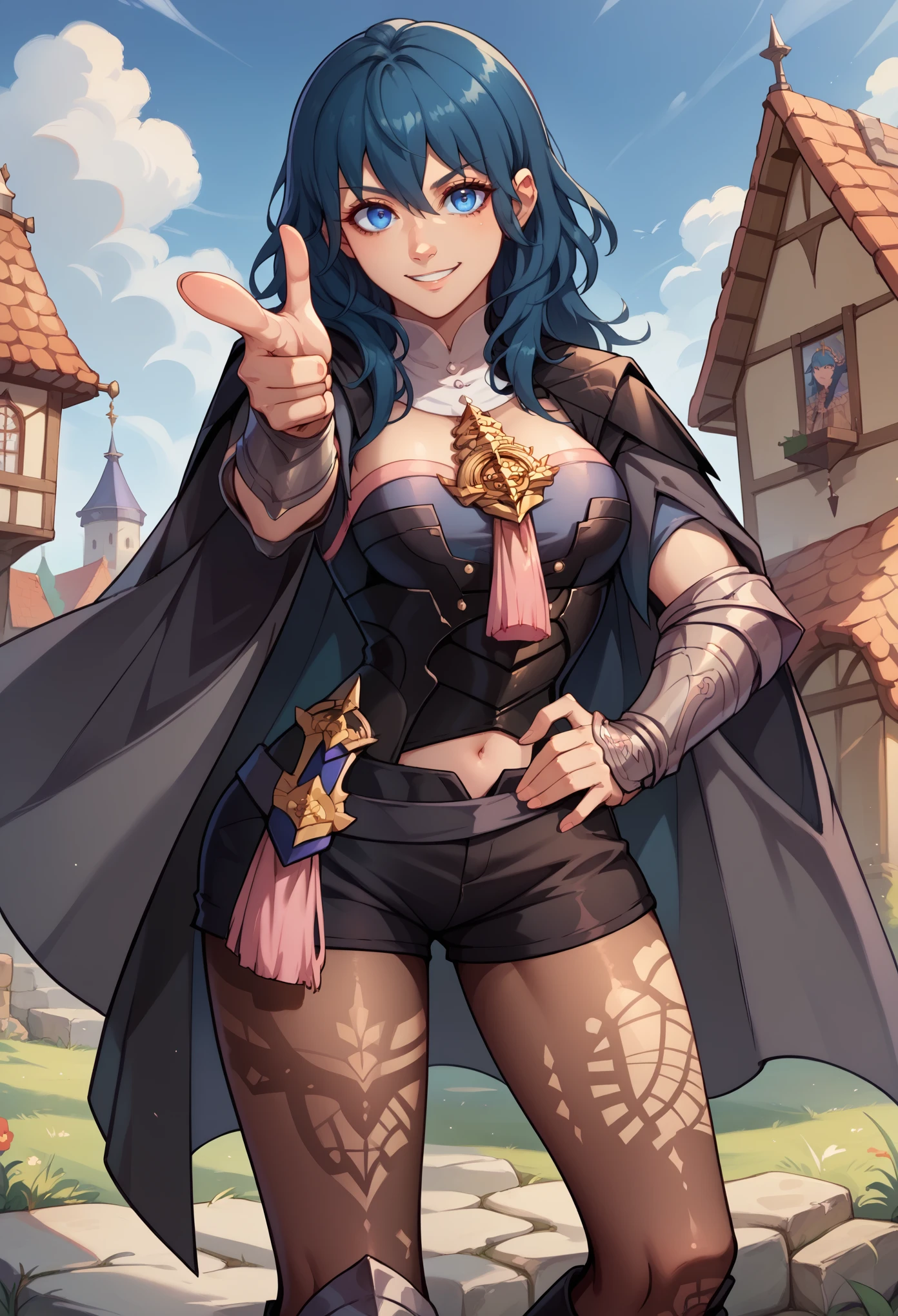 score_9,score_8_up,score_7_up, 1girl, solo, defByl, blue hair, blue eyes, black cape, detached collar, amulet, tassel, bodice, black armor, navel cutout, vambraces, black shorts, print legwear, brown pantyhose, black boots, smiling, standing, hand to hip, finger gun, pointing you, looking at you, medieval town