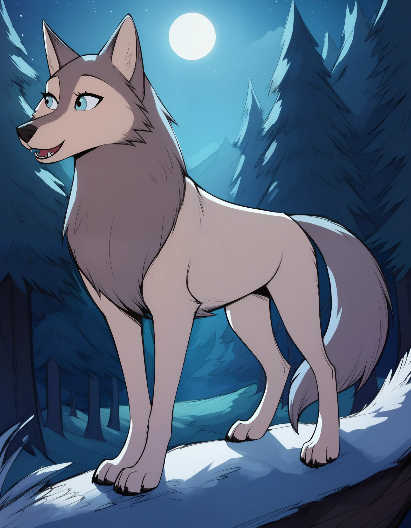 score_9, score_8_up, score_7_up, robyn, blue eyes, wolf, feral, forest, standing on cliff, night, animal