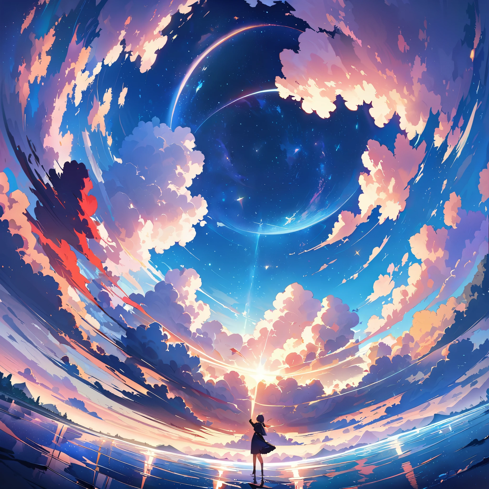 Official Art, Unified 8k wallpaper, Very detailed, masterpiece, Best image quality,Ultra Wide Angle,The water is like a mirror,Reflecting the sky。Looking up at the sky,The Milky Way is in the sky,Dynamic Angle, Grace, Bright colors,Winner of numerous awards, Ultra high definition, Clouds on the screen、