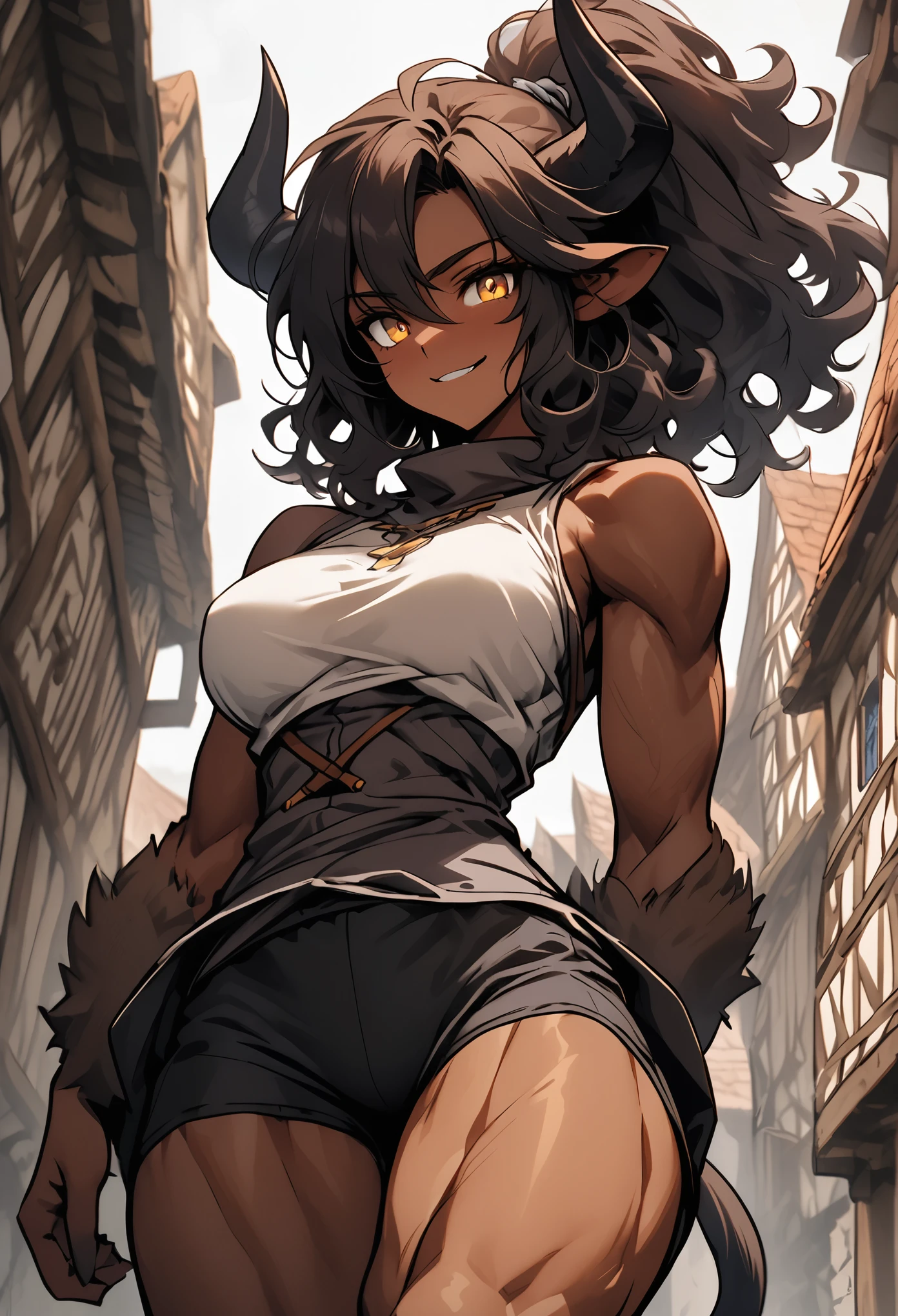 solo, female, close up, warm deep brown skin, muscular, golden eyes, wild hair, black hair, medium hair, ponytail, curly hair, broad shoulders, curved black horns, very tall, large breasts, simple tight medieval shirt, tight-fitting shorts, medieval, town, cow tail:1.4, furry shins, hooved feet, minotaur girl, tomboy, cocky smile, young