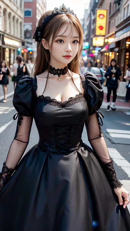 Digital Portrait、Realistic depiction of the human body、RAW Photos、One Girl、Gentle grey eyes、Fuller lipalaise、A large, swaying bust、Shortcuts、(((An elegant black gothic lolita style dress、black gothic dress、Beautiful dress、Super Luxury Dresses)))、Highest quality、Super Resolution、masterpiece:1.5、Medium depth of field、50mmlens、Cinema Lighting、Backlight、Professional Photographer、Streetscape、 evening