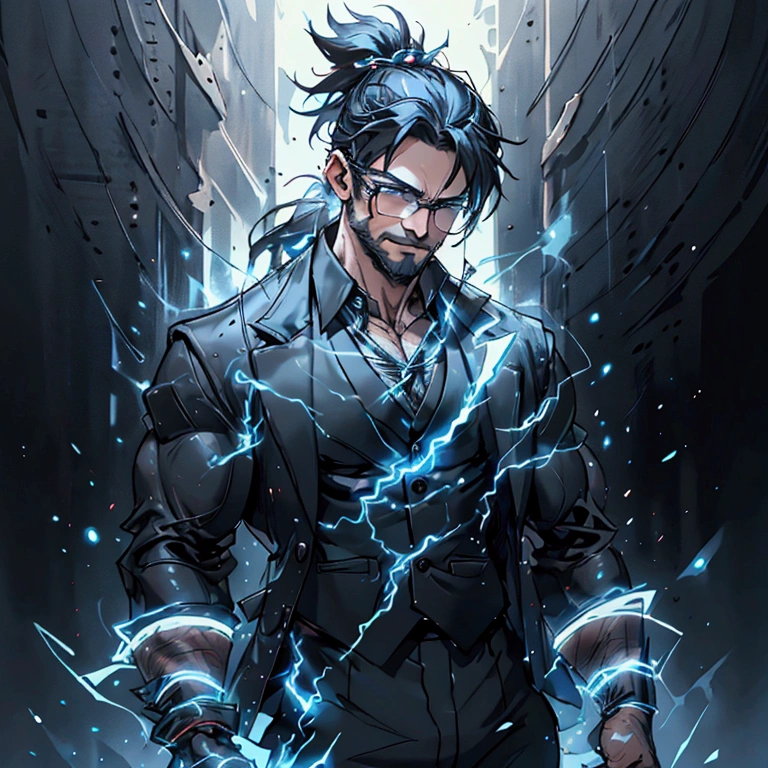 a muscular man with a ponytail, glasses, black hair, light scruffy beard, wearing a business vest and black dress pants, solo, alone, glowing electrical powers, (SOLO)(ALONE), best quality, 8k, highres, masterpiece, ultra-detailed, realistic, photorealistic, photo-realistic, HDR, UHD, studio lighting, ultra-fine painting, sharp focus, physically-based rendering, extreme detail description, professional, vivid colors, bokeh, has blue eyes, blue electric powers, wearing white dress shirt and black vest, fighting pose, grinning, lightning