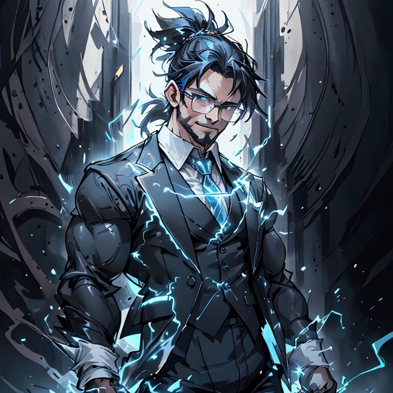 a muscular man with a ponytail, glasses, black hair, light scruffy beard, wearing a business vest and black dress pants, solo, alone, glowing electrical powers, (SOLO)(ALONE), best quality, 8k, highres, masterpiece, ultra-detailed, realistic, photorealistic, photo-realistic, HDR, UHD, studio lighting, ultra-fine painting, sharp focus, physically-based rendering, extreme detail description, professional, vivid colors, bokeh, has blue eyes, blue electric powers, wearing white dress shirt and black vest, fighting pose, grinning, lightning