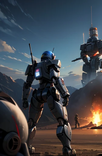 robot,meca,droid,heaby armor massive,human_not,anime style,ARMORED CORE style,battle field,holding_beamrifle,battle scene,masterpiece