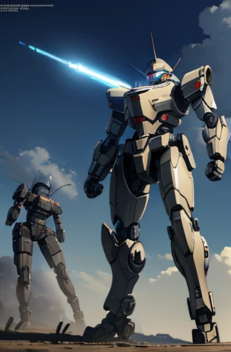 robot,meca,droid,heaby armor massive,human_not,anime style,ARMORED CORE style,battle field,holding_beamrifle,battle scene,masterpiece