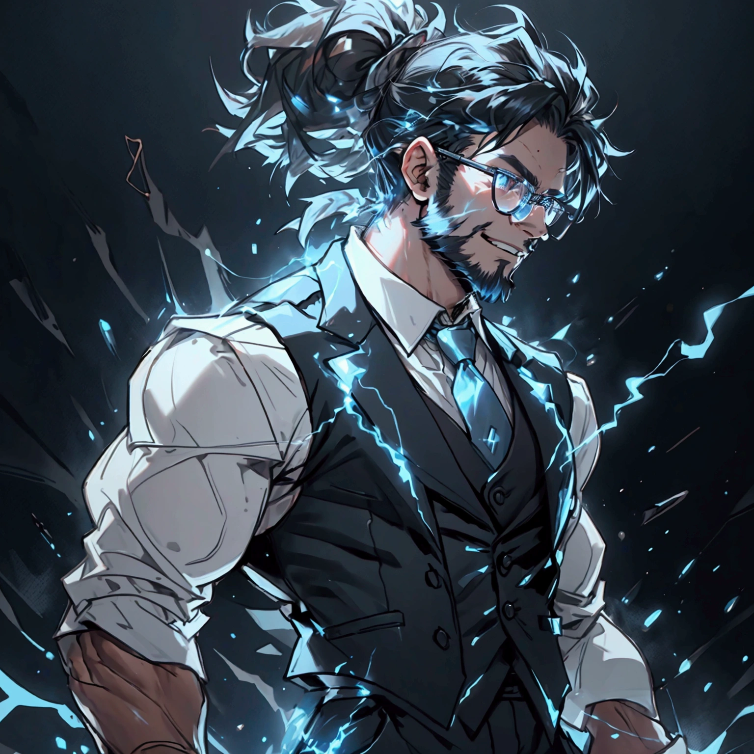 a muscular man with a ponytail, glasses, black hair, light scruffy beard, wearing a business vest and black dress pants, solo, alone, glowing electrical powers, (SOLO)(ALONE), best quality, 8k, highres, masterpiece, ultra-detailed, realistic, photorealistic, photo-realistic, HDR, UHD, studio lighting, ultra-fine painting, sharp focus, physically-based rendering, extreme detail description, professional, vivid colors, bokeh, has blue eyes, blue electric powers, wearing white dress shirt and black vest, fighting pose, grinning, lightning