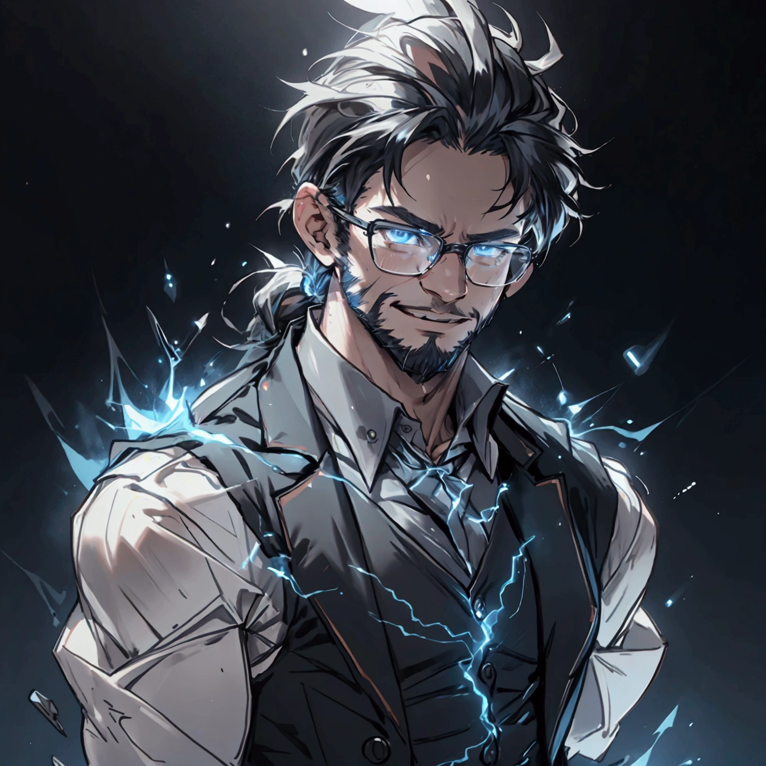 a muscular man with a ponytail, glasses, black hair, light scruffy beard, wearing a business vest and black dress pants, solo, alone, glowing electrical powers, (SOLO)(ALONE), best quality, 8k, highres, masterpiece, ultra-detailed, realistic, photorealistic, photo-realistic, HDR, UHD, studio lighting, ultra-fine painting, sharp focus, physically-based rendering, extreme detail description, professional, vivid colors, bokeh, has blue eyes, blue electric powers, wearing white dress shirt and black vest, fighting pose, grinning, lightning