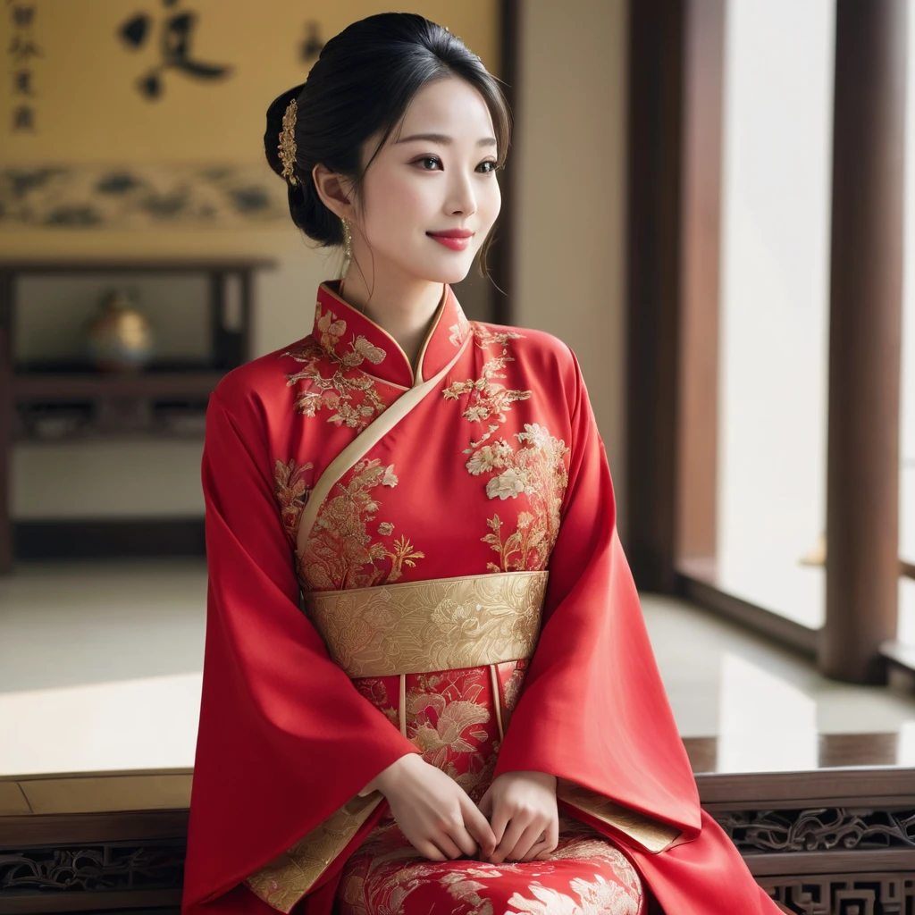 ((Highest quality)), ((masterpiece)), (detailed), （Perfect Face）、The woman is Satomi Ishihara, with her medium-long hair tied up in a bun, wearing a gorgeous red Chinese dress with gold embroidery and trim, a long slit that shows off her thighs, and is dressed luxuriously with gorgeous accessories and an engagement ring.、The woman is smiling gently、The woman is in a luxurious palace in China, embracing and kissing a handsome and dignified middle-aged Chinese man, making love and getting married.