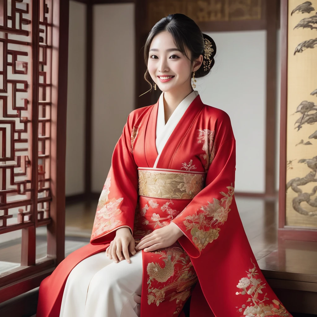 ((Highest quality)), ((masterpiece)), (detailed), (Perfect Face)、The woman is Satomi Ishihara, with her medium-long hair tied up in a bun, wearing a gorgeous red Chinese dress with gold embroidery and trim, a long slit that shows off her thighs, and is dressed luxuriously with gorgeous accessories and an engagement ring.、The woman is smiling gently、The woman is in a luxurious palace in China, embracing and kissing a handsome and dignified middle-aged Chinese man, making love and getting married.