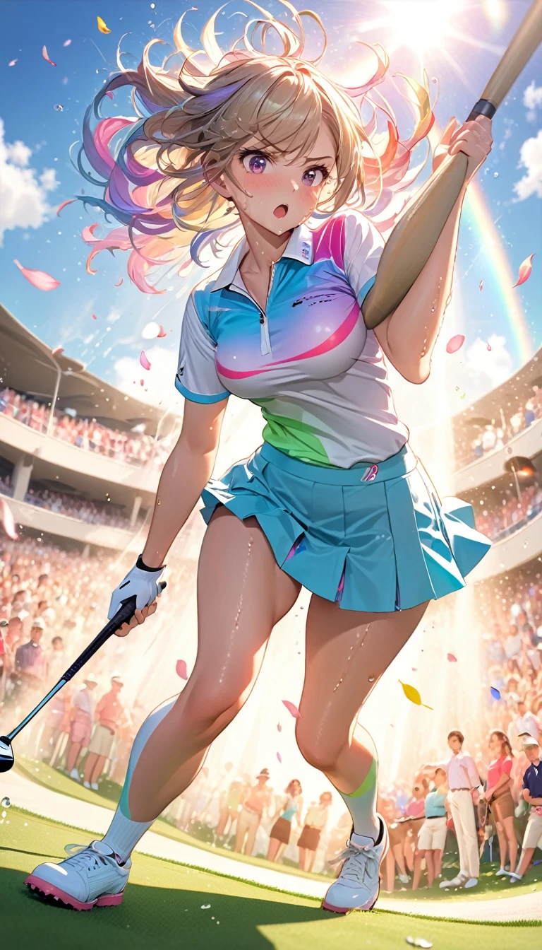 (Sports magazine cover photo), Highest quality, Great quality, 16K, Unbelievably absurd, Very detailed, delicate and dynamic, Natural light, The particles reflect light, Diffuse reflection of light, Many rainbow-colored petals fall, Beautiful field, Sparkling Sun, Diffuse reflection of light, Create amazing image effects, , Wet, sweating, golf, swinging driver, Close-up(Cute sexy girl, big bouncing busts, Sensual expression, Cool girl, Serious, passion, Dynamic, Flashy golf wear, ,audience , much-air-laden cheer)