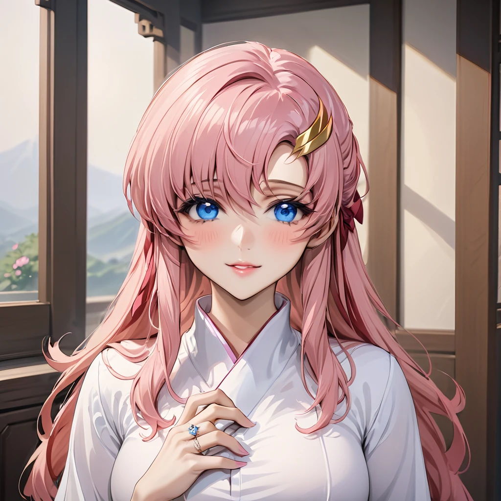 ((Highest quality)), ((masterpiece)), (detailed), （Perfect Face）、The woman is Lacus Clyne, who is married to a Chinese man, and is an ordinary Chinese woman with blue eyes, pink, medium-long hair, and an engagement ring.