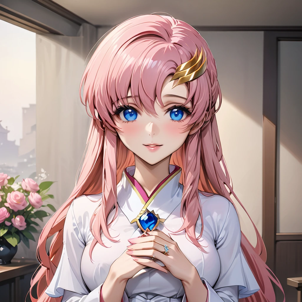 ((Highest quality)), ((masterpiece)), (detailed), (Perfect Face)、The woman is Lacus Clyne, who is married to a Chinese man, and is an ordinary Chinese woman with blue eyes, pink, medium-long hair, and an engagement ring.