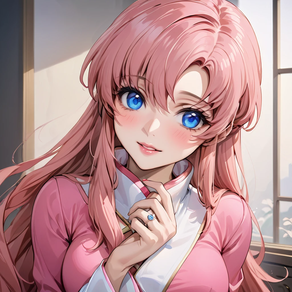 ((Highest quality)), ((masterpiece)), (detailed), （Perfect Face）、The woman is Lacus Clyne, who is married to a Chinese man, and is an ordinary Chinese woman with blue eyes, pink, medium-long hair, and an engagement ring.