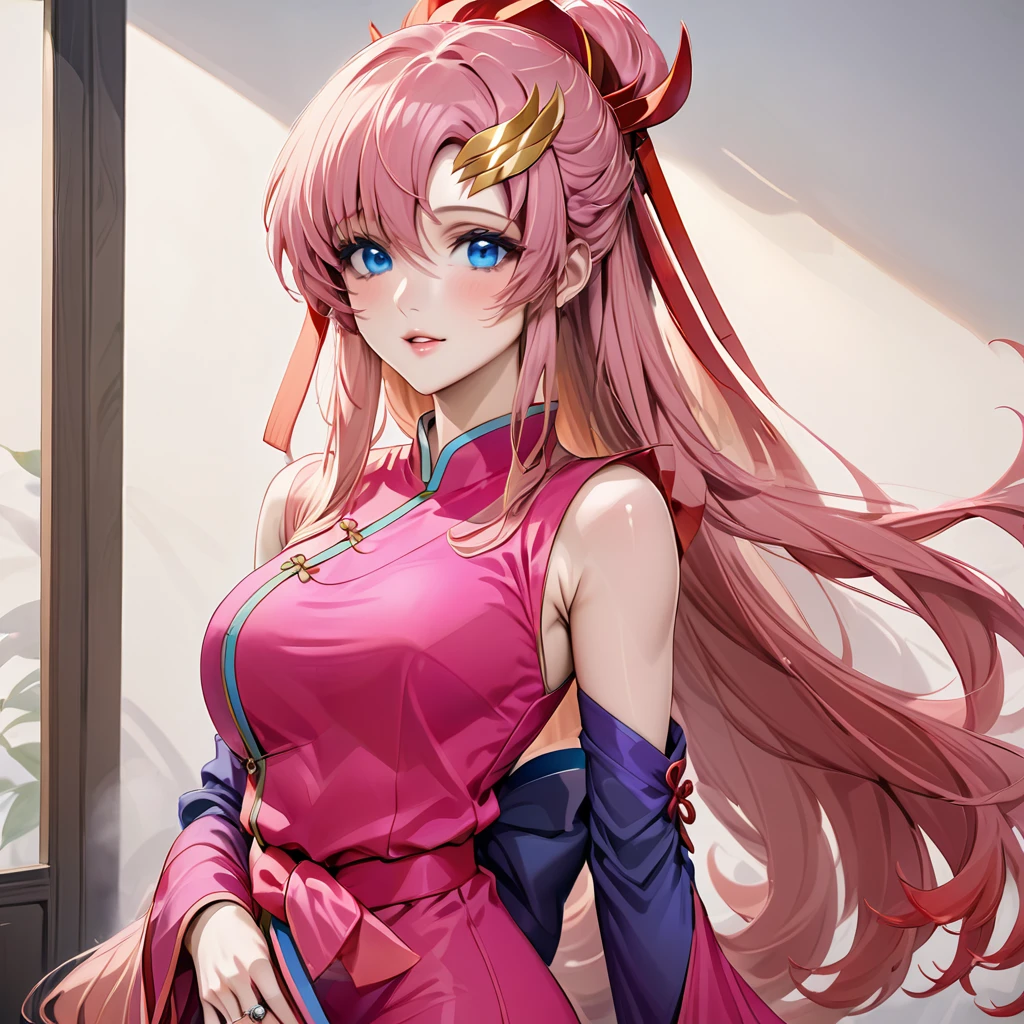 ((Highest quality)), ((masterpiece)), (detailed), (Perfect Face)、The woman is Lacus Clyne, who is married to a Chinese man, and is an ordinary Chinese woman with blue eyes, pink, medium-long hair, and an engagement ring.、The woman is dressed in typical Chinese clothing.