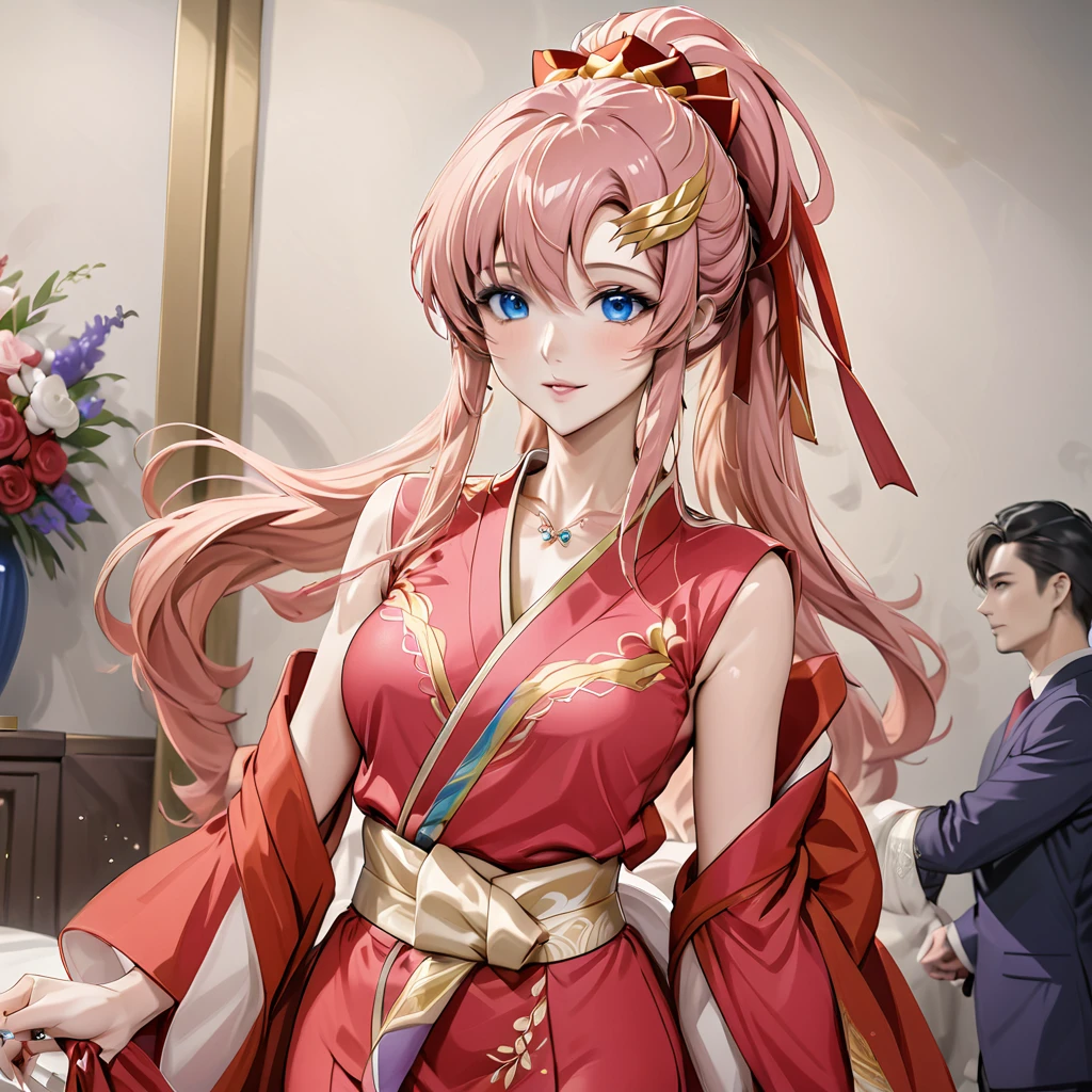 ((Highest quality)), ((masterpiece)), (detailed), (Perfect Face)、The woman is Lacus Clyne, with blue eyes and semi-long pink hair tied up in a ponytail. She is dressed in a gorgeous red wedding kimono with gold embroidery and trim, and is adorned with gorgeous accessories and an engagement ring.、The woman is having a grand wedding with a handsome and dignified middle-aged Chinese man.