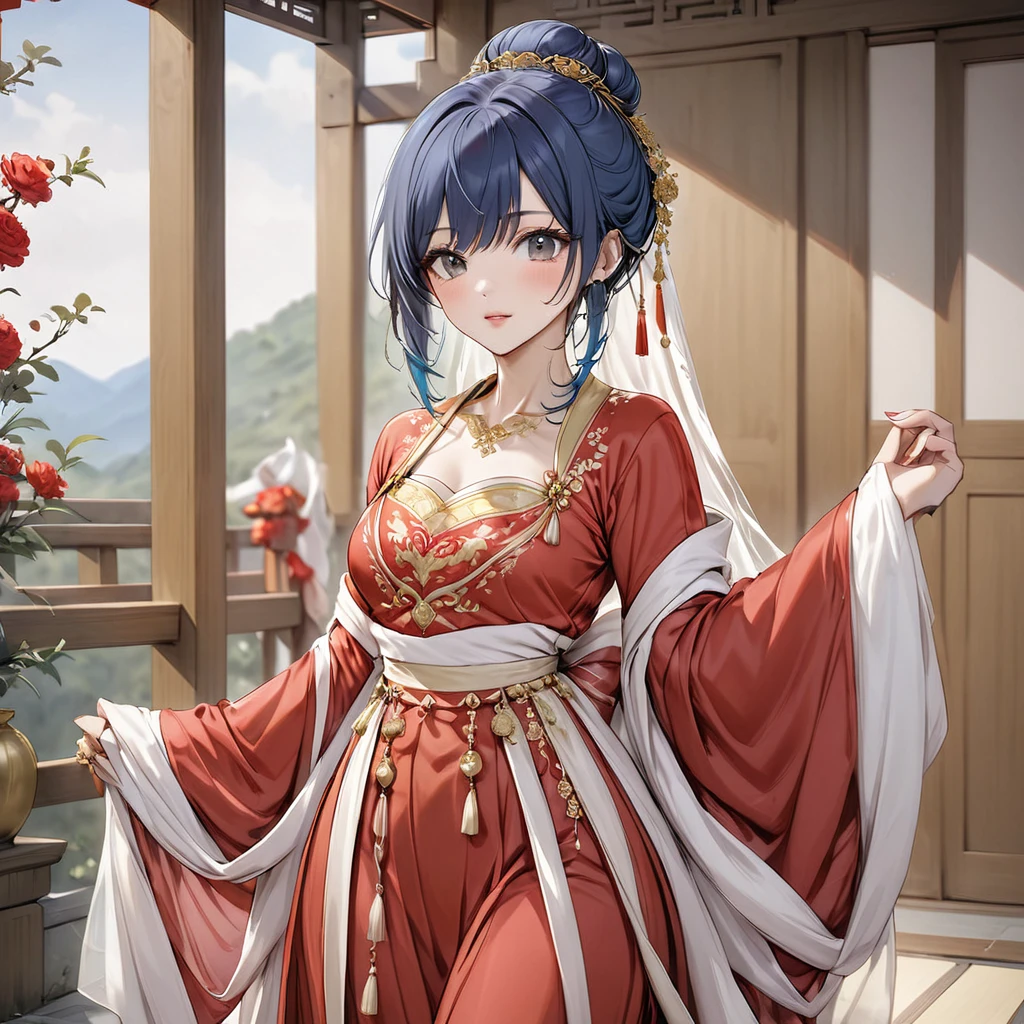 ((Highest quality)), ((masterpiece)), (detailed), (Perfect Face)、The woman, Akane Kurokawa, has short, blue bob hair tied up in a bun, is wearing a gorgeous red wedding Hanfu with gold embroidery and trim, and is lavishly dressed with gorgeous accessories and an engagement ring.、The woman is having a grand wedding with a handsome and dignified middle-aged Chinese man.