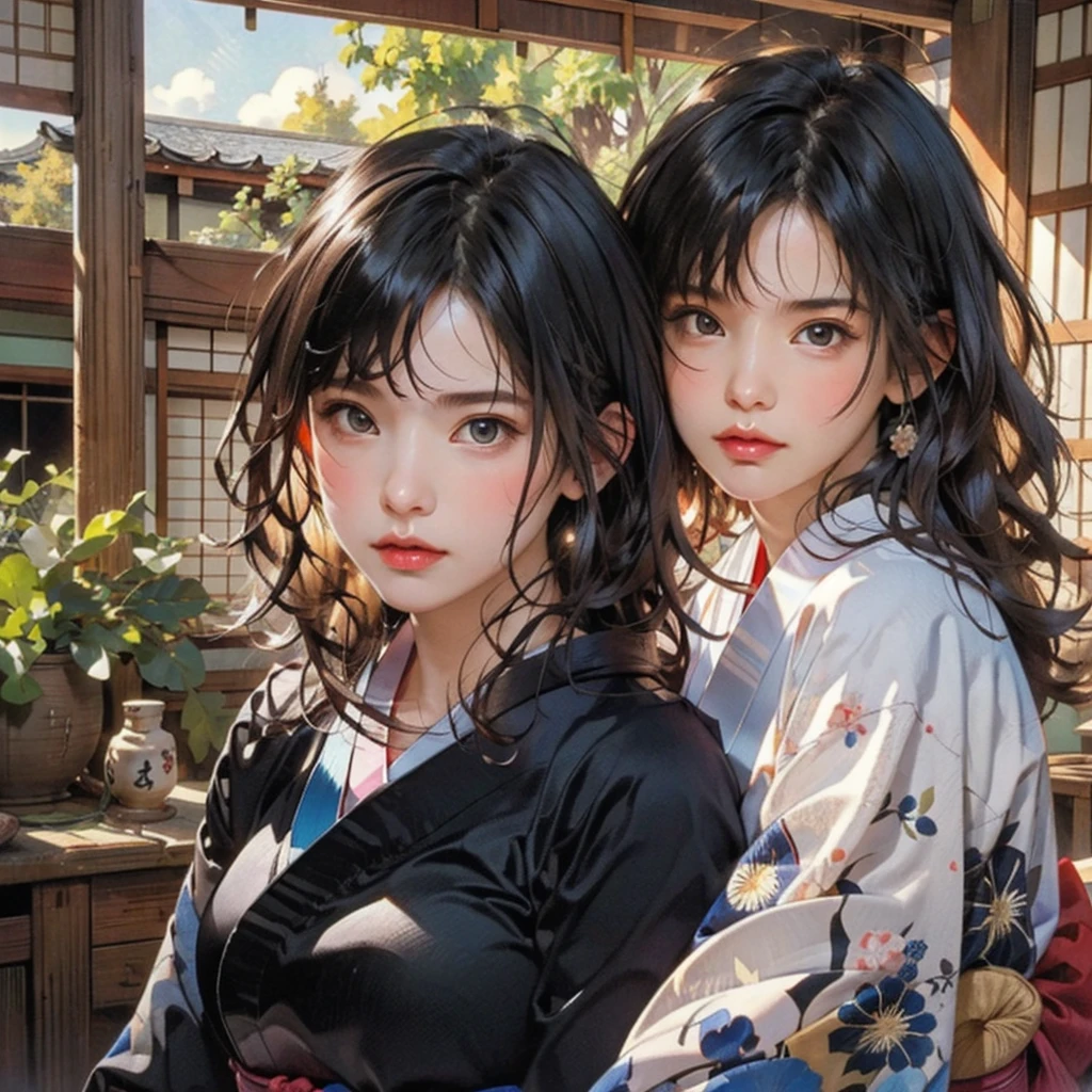 (highest quality、8k、32k、masterpiece)、(masterpiece, up to date,Exceptional:1.2), Anime, One girl,Front hair,black_hair, Beautiful 8k eyes,Looking_in_Audience,One person in,Are standing,((Very beautiful woman, Fuller lips, Japanese pintern kimono))、((Colorful Japanese kimono)))、(((Medium Shot)))、Blunt bung、(High resolution)、Very beautiful face and eyes、1 girl 、Round and small face、Narrow waist、delicine body、(highest quality high detail Rich skin details)、(highest quality、8k、Oil paints:1.2)、Very detailed、(Realistic、Realistic:1.37)、Bright colors、(((blackhair)))、(((longhair)))、(((cowboy pictures)))、((( Inside an old Japanese house)))、(masterpiece, highest quality, highest quality, Official Art, beautifully、aesthetic:1.2), (One girl), Very detailedな,(Fractal Art:1.3),colorful,Most detailed,Sengoku period(High resolution)、Very beautiful face and eyes、1 girl 、Round and small face、Tight waist、Delicine body、(highest quality high detail Rich skin details)、(highest quality、8k、Oil paints:1.2)、(Realistic、Realistic:1.37)、Greg Rutkowski Written by Alphonse Mucha Ropp, sun lips