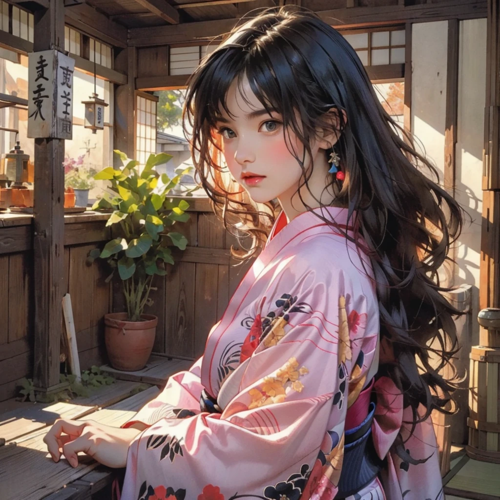 (highest quality、8k、32k、masterpiece)、(masterpiece, up to date,Exceptional:1.2), Anime, One girl,Front hair,black_hair, Beautiful 8k eyes,Looking_in_Audience,One person in,Are standing,((Very beautiful woman, Fuller lips, Japanese pintern kimono))、((Colorful Japanese kimono)))、(((Medium Shot)))、Blunt bung、(High resolution)、Very beautiful face and eyes、1 girl 、Round and small face、Narrow waist、delicine body、(highest quality high detail Rich skin details)、(highest quality、8k、Oil paints:1.2)、Very detailed、(Realistic、Realistic:1.37)、Bright colors、(((blackhair)))、(((longhair)))、(((cowboy pictures)))、((( Inside an old Japanese house)))、(masterpiece, highest quality, highest quality, Official Art, beautifully、aesthetic:1.2), (One girl), Very detailedな,(Fractal Art:1.3),colorful,Most detailed,Sengoku period(High resolution)、Very beautiful face and eyes、1 girl 、Round and small face、Tight waist、Delicine body、(highest quality high detail Rich skin details)、(highest quality、8k、Oil paints:1.2)、(Realistic、Realistic:1.37)、Greg Rutkowski Written by Alphonse Mucha Ropp, sun lips