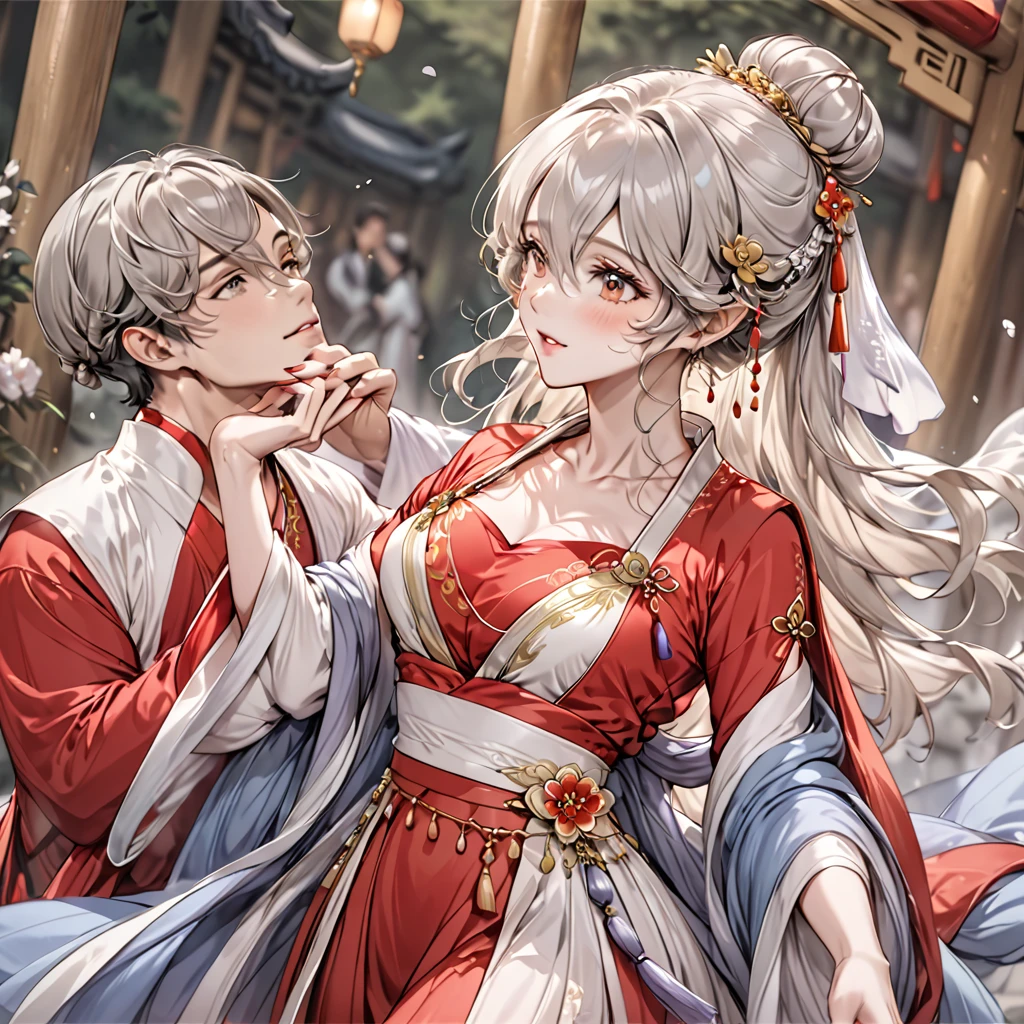 ((Highest quality)), ((masterpiece)), (detailed), （Perfect Face）、The woman has her medium-long silver hair tied up in a bun, is wearing a gorgeous red wedding Hanfu with gold embroidery and trim, and is lavishly dressed with gorgeous accessories and an engagement ring.、The woman is having a grand wedding with a handsome and dignified middle-aged Chinese man.