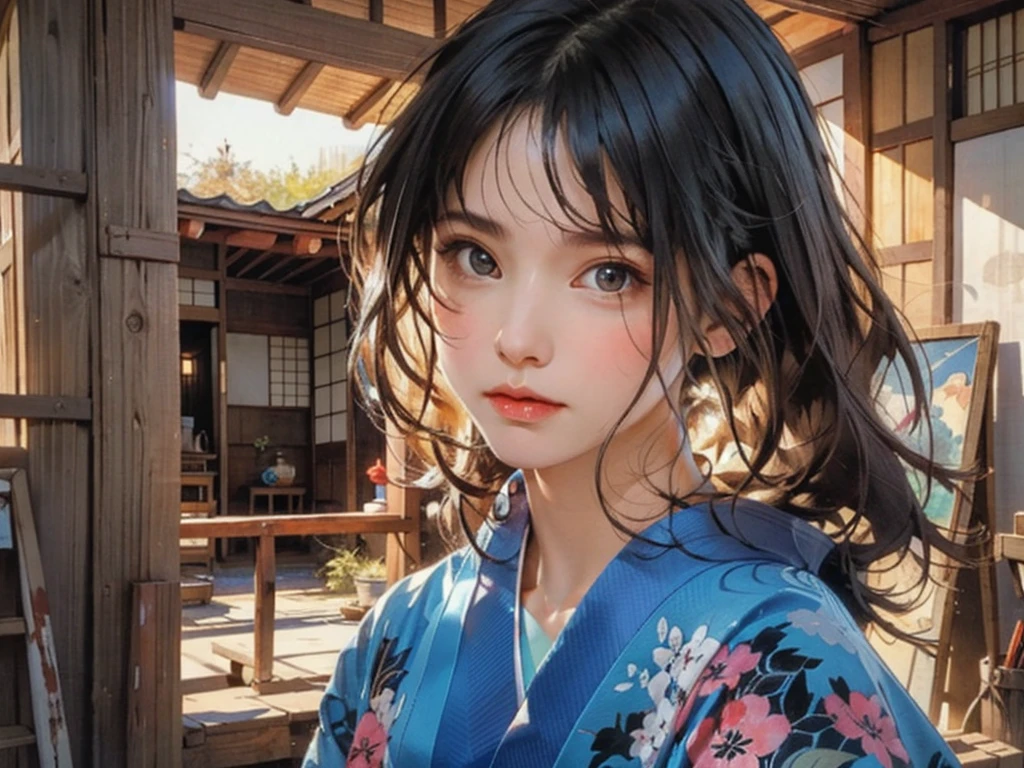 (highest quality、8k、32k、masterpiece)、(masterpiece, up to date,Exceptional:1.2), Anime, One girl,Front hair,black_hair, Beautiful 8k eyes,Looking_in_Audience,One person in,Are standing,((Very beautiful woman, Fuller lips, Japanese pintern kimono))、((Colorful Japanese kimono)))、(((Medium Shot)))、Blunt bung、(High resolution)、Very beautiful face and eyes、1 girl 、Round and small face、Narrow waist、delicine body、(highest quality high detail Rich skin details)、(highest quality、8k、Oil paints:1.2)、Very detailed、(Realistic、Realistic:1.37)、Bright colors、(((blackhair)))、(((longhair)))、(((cowboy pictures)))、((( Inside an old Japanese house)))、(masterpiece, highest quality, highest quality, Official Art, beautifully、aesthetic:1.2), (One girl), Very detailedな,(Fractal Art:1.3),colorful,Most detailed,Sengoku period(High resolution)、Very beautiful face and eyes、1 girl 、Round and small face、Tight waist、Delicine body、(highest quality high detail Rich skin details)、(highest quality、8k、Oil paints:1.2)、(Realistic、Realistic:1.37)、Greg Rutkowski Written by Alphonse Mucha Ropp, sun lips