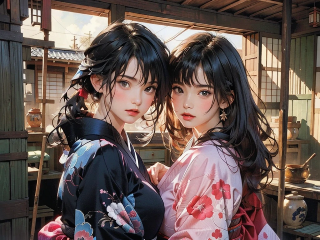 (highest quality、8k、32k、masterpiece)、(masterpiece, up to date,Exceptional:1.2), Anime, One girl,Front hair,black_hair, Beautiful 8k eyes,Looking_in_Audience,One person in,Are standing,((Very beautiful woman, Fuller lips, Japanese pintern kimono))、((Colorful Japanese kimono)))、(((Medium Shot)))、Blunt bung、(High resolution)、Very beautiful face and eyes、1 girl 、Round and small face、Narrow waist、delicine body、(highest quality high detail Rich skin details)、(highest quality、8k、Oil paints:1.2)、Very detailed、(Realistic、Realistic:1.37)、Bright colors、(((blackhair)))、(((longhair)))、(((cowboy pictures)))、((( Inside an old Japanese house)))、(masterpiece, highest quality, highest quality, Official Art, beautifully、aesthetic:1.2), (One girl), Very detailedな,(Fractal Art:1.3),colorful,Most detailed,Sengoku period(High resolution)、Very beautiful face and eyes、1 girl 、Round and small face、Tight waist、Delicine body、(highest quality high detail Rich skin details)、(highest quality、8k、Oil paints:1.2)、(Realistic、Realistic:1.37)、Greg Rutkowski Written by Alphonse Mucha Ropp, sun lips