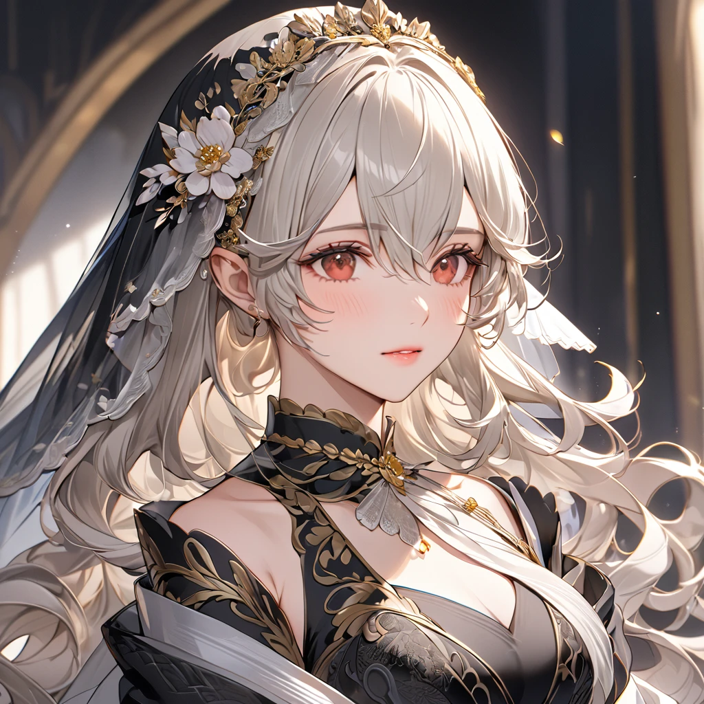 ((Highest quality)), ((masterpiece)), (detailed), (Perfect Face)、The woman is a Kamui with medium-long silver hair, wearing a gorgeous black wedding dress with gold embroidery and trim, a wedding veil, and an engagement ring.