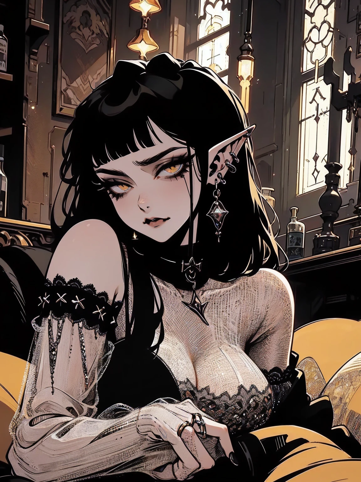 high détail, work of art, dramatic lighting(absurderes, high resolution, ultra detaild), extremely detailed 8k CG unit. mature face, adult Woman, Woman, mature Woman, elf, piercings, Short Wavy Black Hair and Bangs, (black hair), fangs, yellow eyes, modest black clothes, mad expression, whole body, sitting on the ground