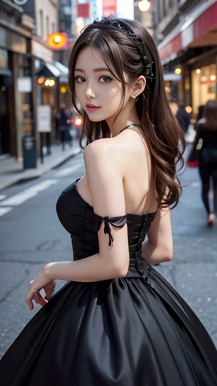 Digital Portrait、Realistic depiction of the human body、RAW Photos、One Girl、Gentle grey eyes、Fuller lipalaise、A large, swaying bust、Shortcuts、(((An elegant black gothic ta style dress、black gothic dress、Beautiful dress、Super Luxury Dresses)))、Highest quality、Super Resolution、masterpiece:1.5、Medium depth of field、50mmlens、Cinema Lighting、Backlight、Professional Photographer、Streetscape、 evening