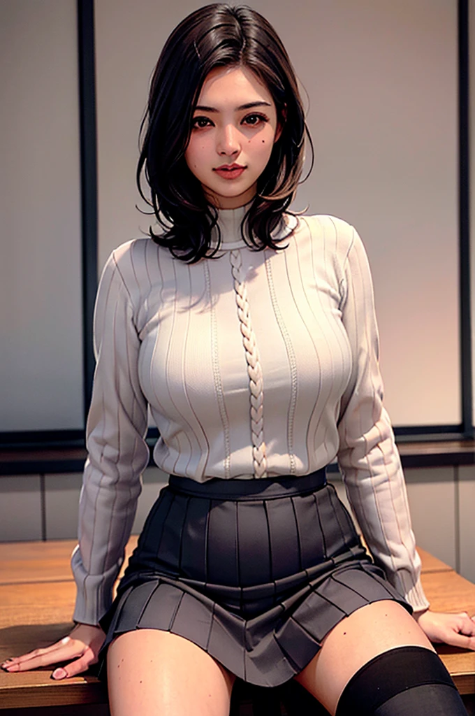 8k,Highest quality, Tabletop, Very detailed, 超High resolution, Realistic, RAW Photos, Absurd, The perfect solution, One Girl, alone,Upper Body Shot, View your audience,Young and beautiful woman in Japan, Very cute face, Charming person, Large Breasts , Long Bob Hair ,smile,(Pleated skirt, Cashmere sweater, Knee-high boots:1.3), Explore new destinations, Cultural Immersion, Wanderlust, Breathtaking views, Global Adventures, memorable experiences ,Glossy Lips, Double eyelids on both eyes, Natural Makeup, Long eyelashes, 光沢のある滑らかなライトブラウンのLong Bob Hair, Asymmetrical bangs, Glowing Skin, Center image, High resolution, Attention to detail, Detailed hairstyle, Detailed face, Great cinema lighting, Octane Rendering, Vibrant, Ultra-realistic, Perfect limbs, Perfect Anatomy